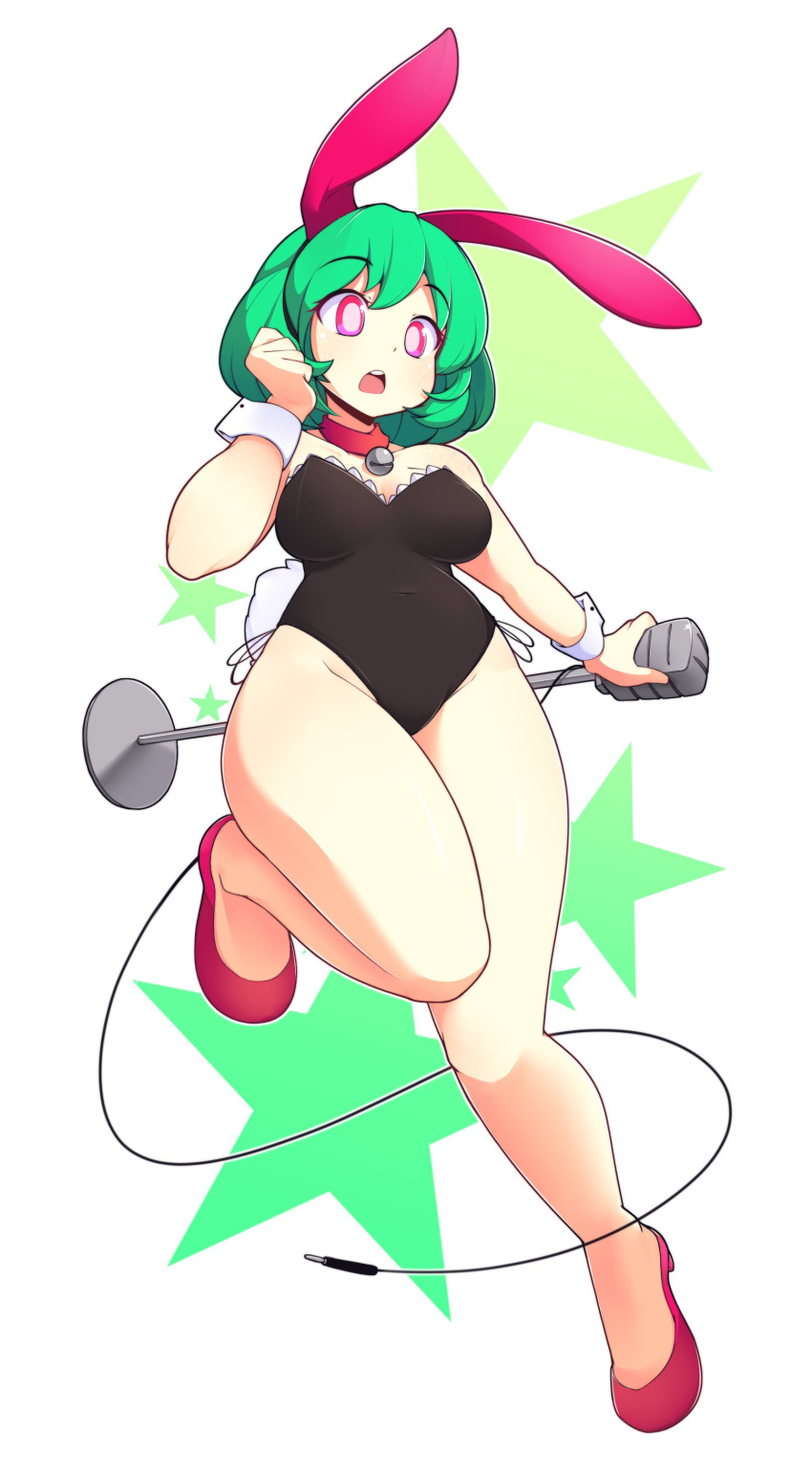 1girl absurdres animal_ears bare_legs bell bell_collar breasts bunny_tail bunnysuit collar covered_navel fizintine green_hair highres microphone_stand original rabbit_ears shoes short_hair solo star tail violet_eyes white_background wide_hips