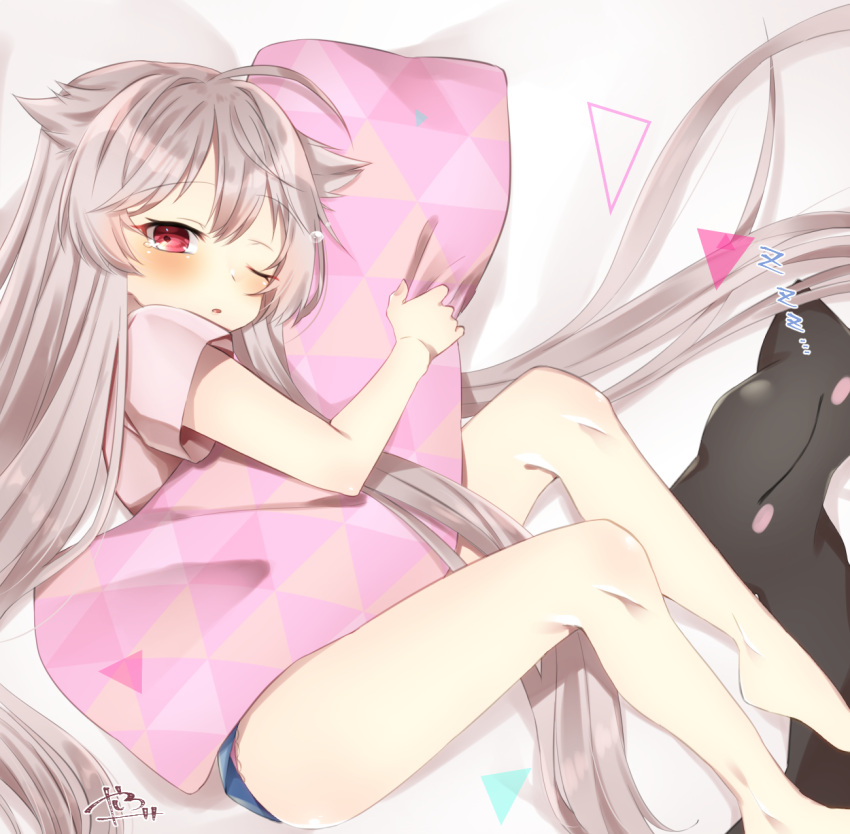 1girl abe_suke ahoge bangs bare_legs barefoot blush brown_hair commentary_request eyebrows_visible_through_hair hair_flaps highres long_hair looking_at_viewer lying on_side one_eye_closed original parted_lips pillow red_eyes short_sleeves sidelocks signature solo tears very_long_hair zzz