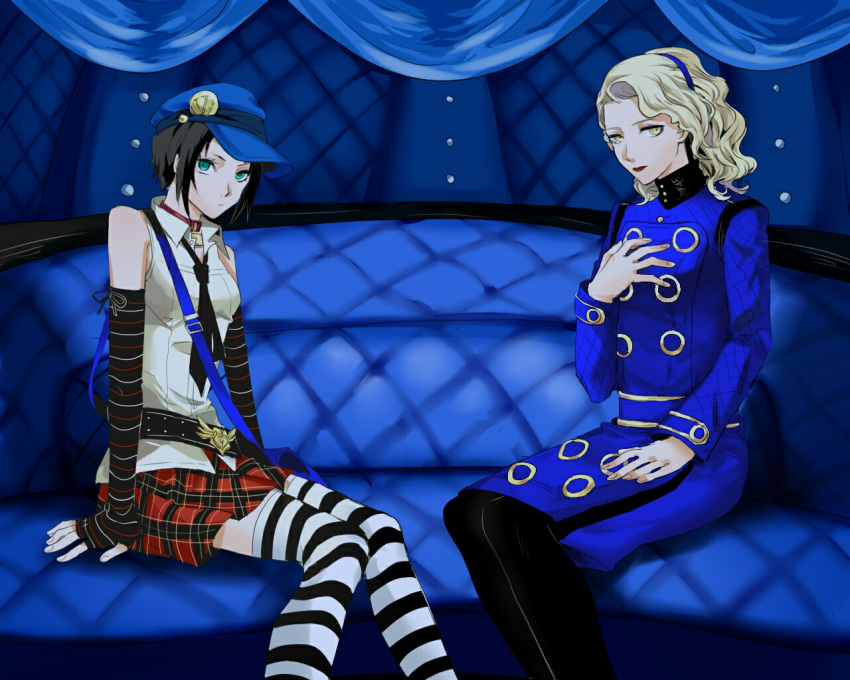 2girls bare_shoulders bell bell_choker black_hair blonde_hair blue_eyes cabbie_hat choker coat couch elbow_gloves gloves hairband hand_on_own_chest hat hshs long_hair margaret_(persona) marie_(persona_4) multiple_girls necktie pantyhose persona persona_4 persona_4_the_golden plaid plaid_skirt pleated_skirt short_hair sitting skirt sleeveless striped striped_legwear thigh-highs yellow_eyes