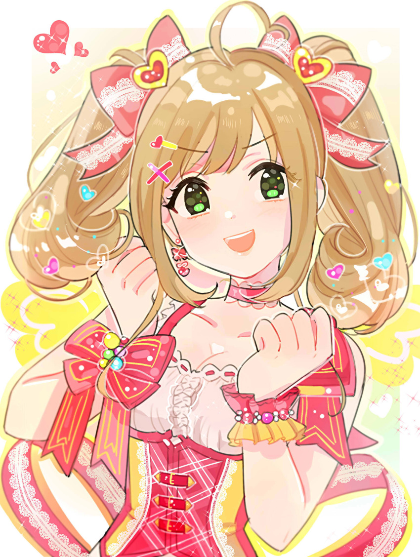 1girl absurdres ahoge bangs bead_bracelet beads blonde_hair blush bow bracelet breasts choker cleavage collarbone dress earrings frills green_eyes hair_bow hair_ornament hairclip heart heart_ahoge highres idolmaster idolmaster_cinderella_girls idolmaster_cinderella_girls_starlight_stage jewelry long_hair looking_at_viewer medium_breasts open_mouth pink_bow pink_dress satou_shin shiny shiny_hair smile solo sparkle tomato_omurice_melon twintails underbust wrist_cuffs x_hair_ornament