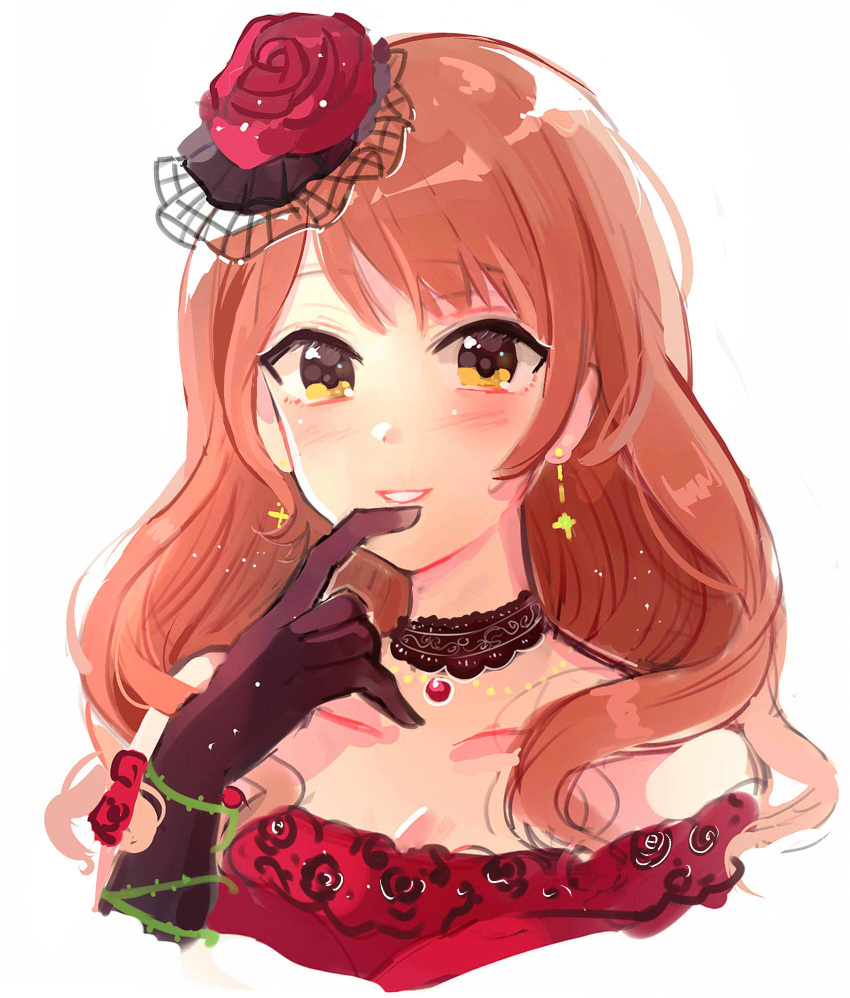 1girl bangs bare_shoulders black_gloves blush breasts choker cleavage collarbone dress earrings elbow_gloves eyebrows_visible_through_hair finger_to_chin flower gloves hair_flower hair_ornament highres houjou_karen idolmaster idolmaster_cinderella_girls idolmaster_cinderella_girls_starlight_stage jewelry long_hair looking_at_viewer love_destiny orange_hair red_dress rose shiny shiny_hair simple_background smile solo thorns tomato_omurice_melon white_background yellow_eyes