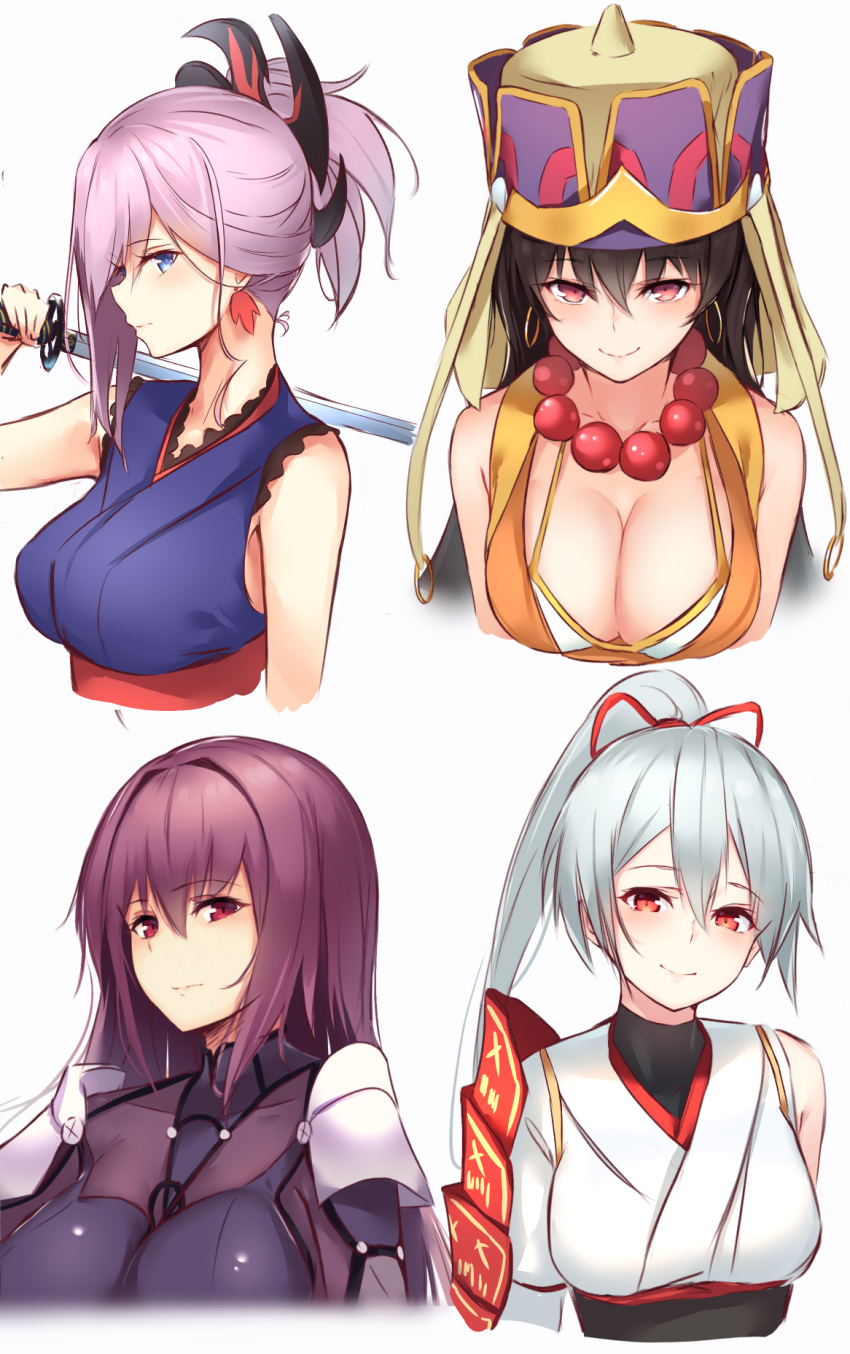 4girls asymmetrical_hair asymmetrical_sleeves black_hair blue_eyes blue_kimono bodysuit borushichi breasts breasts_apart cleavage collarbone earrings eyebrows_visible_through_hair fate/grand_order fate_(series) hair_between_eyes hair_ribbon hat head_tilt high_ponytail highres holding holding_sword holding_weapon japanese_clothes jewelry katana kimono large_breasts long_hair looking_at_viewer medium_breasts miyamoto_musashi_(fate/grand_order) multiple_girls pink_hair purple_hair red_eyes red_ribbon ribbon scathach_(fate/grand_order) silver_hair simple_background sleeveless sleeveless_kimono smile sword tomoe_gozen_(fate/grand_order) upper_body very_long_hair weapon white_background white_kimono xuanzang_(fate/grand_order)
