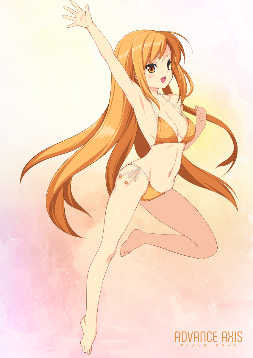 1girl absurdres arm_up armpits bare_legs barefoot beatmania beatmania_iidx bikini breasts cleavage full_body gluteal_fold highres kinoshita_ichi leg_up long_hair medium_breasts navel orange_bikini orange_eyes orange_hair side-tie_bikini sidelocks smile solo standing standing_on_one_leg strap_gap swimsuit umegiri_iroha very_long_hair