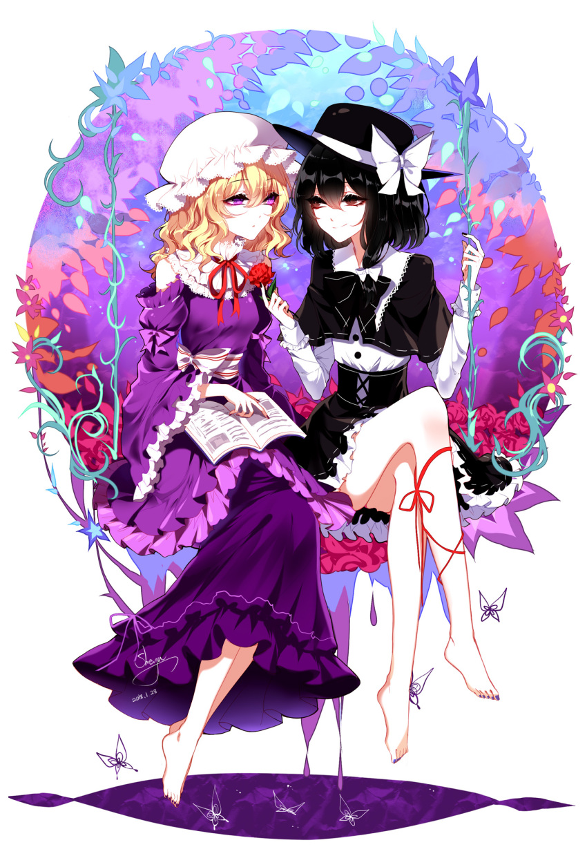 2girls adapted_costume artist_name bare_legs bare_shoulders barefoot black_capelet black_hair black_nails blonde_hair book bow breasts brown_eyes capelet dated dress eye_contact eyebrows_visible_through_hair fedora flower hat hat_bow highres holding holding_flower long_hair long_sleeves looking_at_another looking_at_viewer maribel_hearn medium_breasts mob_cap multiple_girls nail_polish neck_ribbon purple_dress purple_nails red_flower red_neckwear red_ribbon red_rose ribbon rose sheya short_hair shoulder_cutout signature sitting smile touhou usami_renko violet_eyes white_bow wide_sleeves yuri