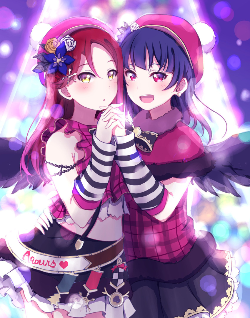 2girls :d black_skirt black_wings blue_flower blue_hair capelet cowboy_shot crop_top detached_sleeves earrings feathered_wings feathers flower fur_trim hair_feathers hair_flower hair_ornament hand_holding hand_on_another's_hip hat highres idol interlocked_fingers jewelry long_hair love_live! love_live!_sunshine!! midriff miniskirt multiple_girls open_mouth pleated_skirt purple_feathers red_eyes red_hat redhead sakurauchi_riko skirt sleeveless smile standing stomach striped_sleeves suspender_skirt suspenders tiha_askr tsushima_yoshiko white_flower wings yellow_eyes
