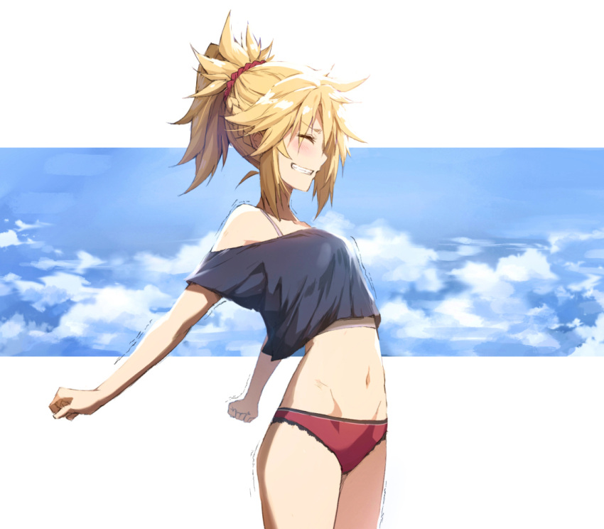 1girl ^_^ blonde_hair blue_sky blush bra braid breasts closed_eyes closed_mouth clouds cloudy_sky commentary_request cowboy_shot crop_top day fate/apocrypha fate/grand_order fate_(series) from_side grin mordred_(fate) mordred_(fate)_(all) navel off-shoulder_shirt outside_border outstretched_arms panties ponytail red_panties shirt sidelocks sky small_breasts smile solo stretch tonee trembling underwear