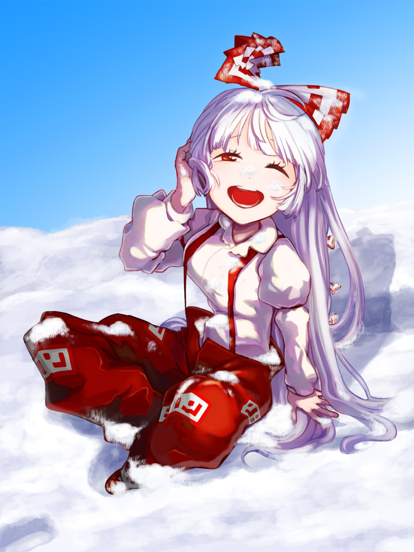 1girl dress_shirt eyelashes fujiwara_no_mokou hair_ribbon happy highres hime_cut laughing lavender_hair long_hair long_sleeves looking_at_viewer one_eye_closed open_mouth pants red_eyes red_pants ribbon shirt sitting smile snow soikoi_(pixiv16431299) solo suspenders touhou very_long_hair white_hair