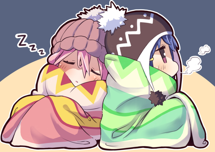 0141zucker 2girls beanie blanket blue_hair blush breath chibi closed_mouth full_body hair_between_eyes hair_ornament hairclip hat kagamihara_nadeshiko leaning_to_the_side multiple_girls outline parted_lips pink_eyes pink_hair profile shima_rin sitting sleeping yurucamp zzz