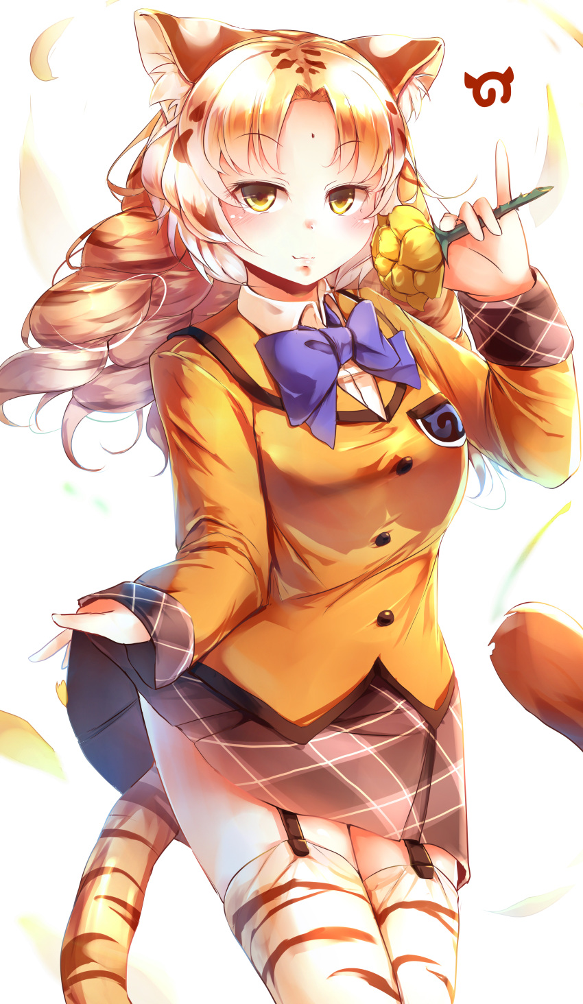 1girl absurdres animal_ears animal_print blonde_hair blue_neckwear bow bowtie brown_hair commentary cowboy_shot drill_hair extra_ears eyebrows_visible_through_hair eyes_visible_through_hair flower garter_straps golden_tabby_tiger_(kemono_friends) highres japari_symbol kanzakietc kemono_friends light_smile looking_at_viewer multicolored_hair print_legwear skirt solo striped_tail tail thigh-highs tiger_ears tiger_print tiger_tail two-tone_hair yellow_eyes