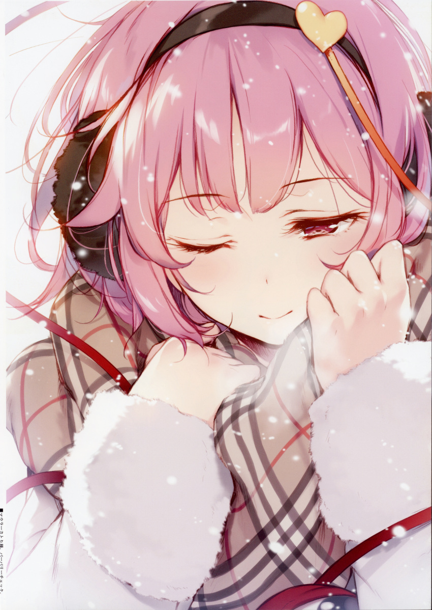 1girl absurdres black_hairband breath contemporary earmuffs eyebrows_visible_through_hair hair_ornament hairband heart_hair_ornament highres huge_filesize ke-ta komeiji_satori long_sleeves one_eye_closed pink_eyes pink_hair scan scarf short_hair simple_background smile snowing solo touhou translation_request upper_body white_background white_coat