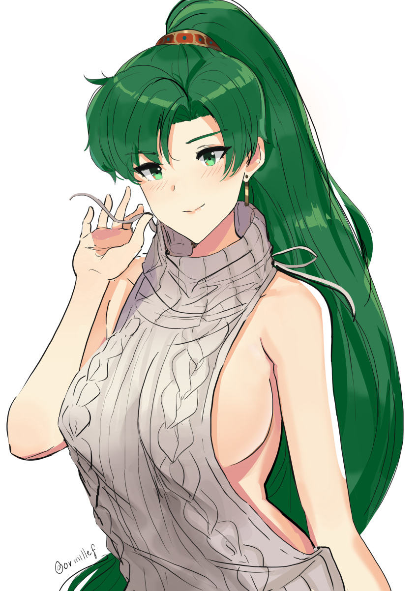 1girl absurdres aran_sweater backless_outfit bare_back blush breasts dotentity dress fire_emblem fire_emblem:_rekka_no_ken fire_emblem_heroes green_eyes green_hair grey_sweater halterneck high_ponytail highres jewelry large_breasts long_hair looking_at_viewer lyndis_(fire_emblem) meme_attire naked_sweater open-back_dress ponytail sideboob simple_background smile solo sweater sweater_dress turtleneck turtleneck_sweater very_long_hair virgin_killer_sweater white_background