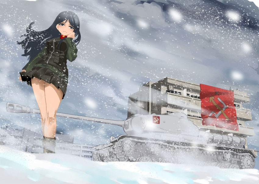 1girl bangs black_footwear black_hair black_skirt black_vest blizzard blue_eyes boots building closed_mouth clouds cloudy_sky day emblem frown girls_und_panzer green_jacket ground_vehicle hand_in_hair highres inou_takashi is-2 jacket long_hair long_sleeves looking_at_viewer military military_uniform military_vehicle miniskirt motor_vehicle nonna outdoors pleated_skirt pravda_(emblem) pravda_military_uniform red_shirt shirt skirt sky snow solo standing swept_bangs tank uniform vest wind
