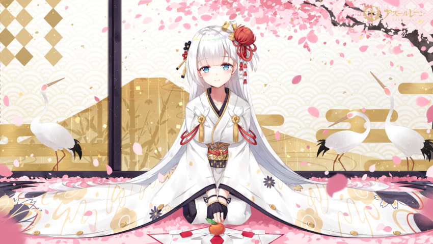 1girl azur_lane bangs bird black_gloves blue_eyes blurry blurry_foreground blush breasts cherry_blossoms closed_mouth collarbone commentary_request crane_(animal) depth_of_field eyebrows_visible_through_hair fingerless_gloves gloves hair_ornament head_tilt indoors japanese_clothes kagami_mochi kimono large_breasts long_hair long_sleeves looking_at_viewer maya_g mole mole_under_eye nengajou new_year petals print_kimono revision seiza shoukaku_(azur_lane) silver_hair sitting smile solo very_long_hair white_kimono wide_sleeves