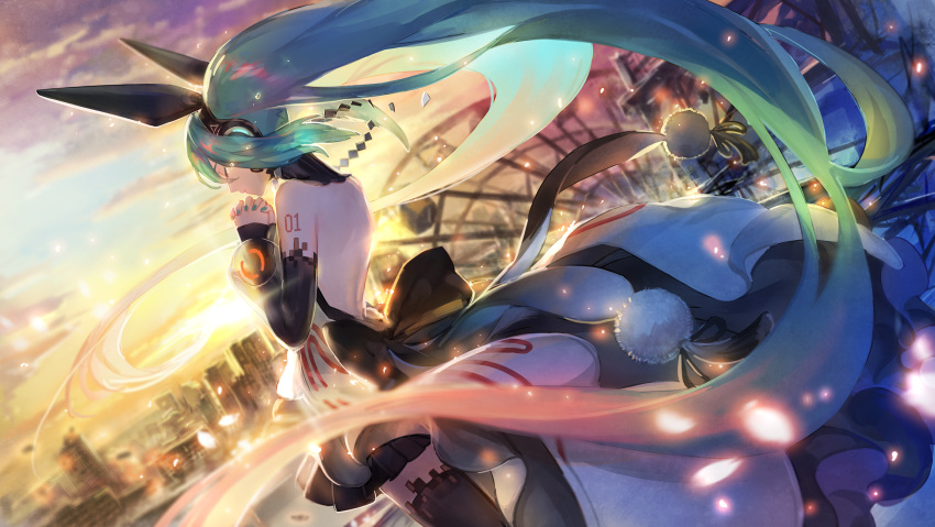 1girl absurdly_long_hair aqua_hair aqua_nails backless_outfit black_legwear choker closed_eyes day detached_sleeves dress dutch_angle floating_hair forever_7th_capital from_behind hair_between_eyes hands_clasped hatsune_miku headphones highres long_hair multicolored_hair nail_polish open-back_dress outdoors own_hands_together pink_hair short_dress solo thigh-highs twintails two-tone_hair verus very_long_hair vocaloid zettai_ryouiki