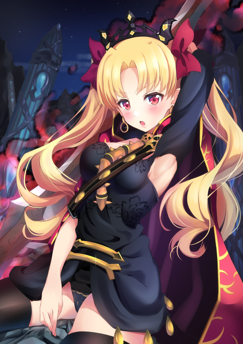 1girl :d absurdres arm_up armpits black_legwear black_leotard blonde_hair blush breasts detached_sleeves earrings ereshkigal_(fate/grand_order) eyebrows_visible_through_hair fate/grand_order fate_(series) floating_hair hair_ribbon highres holding holding_weapon jewelry leotard long_hair looking_at_viewer medium_breasts nanamira_bi night open_mouth outdoors red_eyes red_ribbon ribbon sideboob sitting smile solo thigh-highs twintails very_long_hair weapon