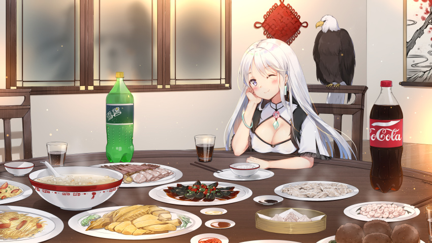 1girl ;) animal arm_support azur_lane bangs baozi bird blush bottle bowl breasts chair chopsticks cleavage cleavage_cutout closed_mouth coca-cola commentary_request cup dress drink drinking_glass eagle earrings enterprise_(azur_lane) eyebrows_visible_through_hair food food_request head_rest head_tilt highres indoors jewelry long_hair looking_at_viewer maya_g medium_breasts one_eye_closed plate short_sleeves shrimp silver_hair sitting smile soda_bottle solo sprite_(drink) table very_long_hair violet_eyes white_dress window