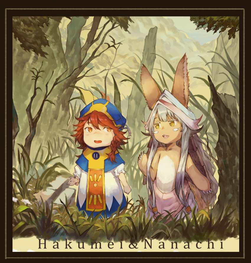 2girls :3 animal_ears beret blush_stickers braid branch character_name claws crossover fang framed furry grass hair_flaps hakumei_(hakumei_to_mikochi) hakumei_to_mikochi hat highres long_hair looking_at_another made_in_abyss minigirl multiple_girls nanachi_(made_in_abyss) open_mouth orange_eyes orange_hair outdoors puffy_short_sleeves puffy_sleeves rabbit_ears short_hair short_sleeves side_braid tabard tree white_hair xinuo223 yellow_eyes