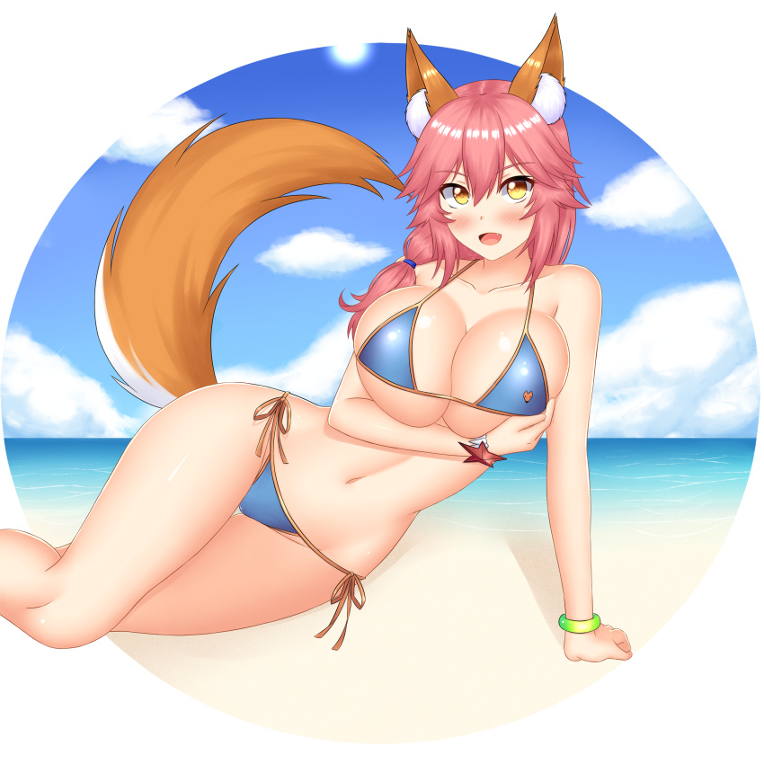 absurdres animal_ears beach beagle bikini blue_bikini blush bracelet breast_hold breasts chechoski clouds collarbone day eyebrows_visible_through_hair fang fate/grand_order fate_(series) fox_ears fox_tail hair_between_eyes hair_over_shoulder highres huge_breasts jewelry long_hair looking_at_viewer low_twintails lying navel on_side open_mouth outdoors outside_border pink_hair side-tie_bikini sky smile star string_bikini swimsuit tail tamamo_(fate)_(all) tamamo_no_mae_(fate) tamamo_no_mae_(swimsuit_lancer)_(fate) thigh_gap twintails wide_hips yellow_eyes