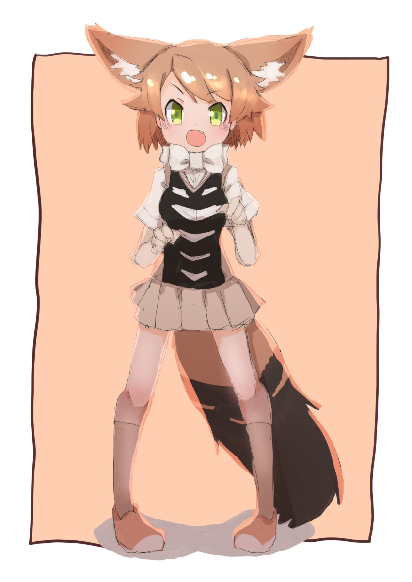 1girl :d black-backed_jackal_(kemono_friends) bow bowtie elbow_gloves extra_ears fang full_body gloves green_eyes highres jackal_ears jackal_tail kemono_friends legs_apart light_brown_hair looking_at_viewer open_mouth pigeon-toed pleated_skirt short_hair sketch skirt smile solo teranekosu white_neckwear