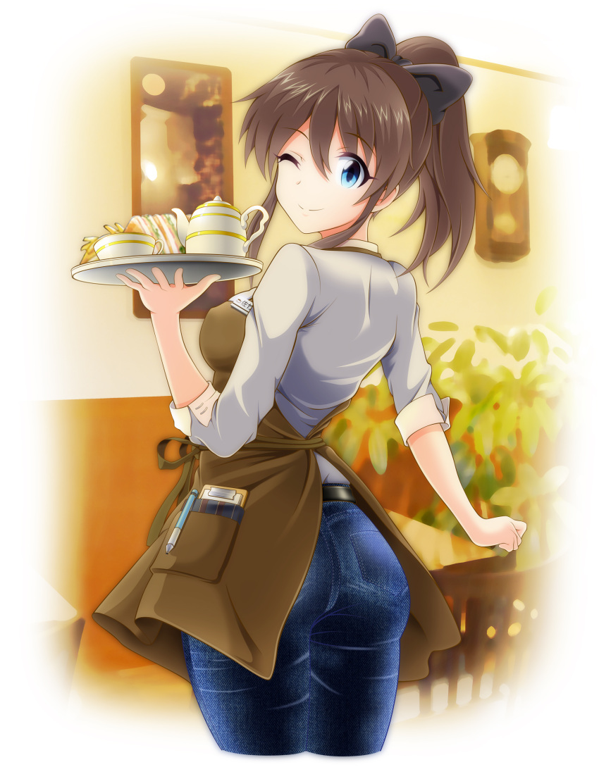 1girl apron ass blue_eyes blush bow breasts brown_hair cup eva_16-gouki from_behind hair_bow highres holding holding_tray idolmaster idolmaster_million_live! looking_back medium_breasts one_eye_closed open_mouth ponytail satake_minako smile solo teacup teapot tray waitress