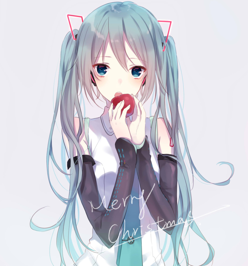 1girl apple blue_eyes blue_hair blue_neckwear detached_sleeves food fruit hair_between_eyes hair_ornament hatsune_miku headphones highres holding holding_fruit jne long_hair necktie open_mouth shirt sleeveless sleeveless_shirt solo twintails upper_body very_long_hair vocaloid white_shirt