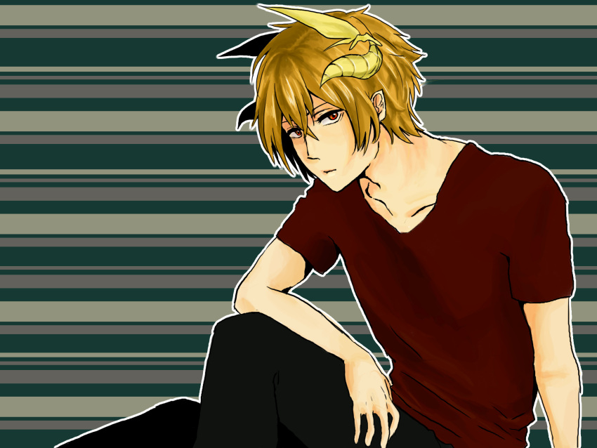 1boy arm_on_knee arm_on_shoulder arm_support blonde_hair collarbone highres horns looking_at_viewer looking_to_the_side red_eyes sennen_sensou_aigis shirooosai shirt sitting solo stray_(sennen_sensou_aigis) striped striped_background t-shirt