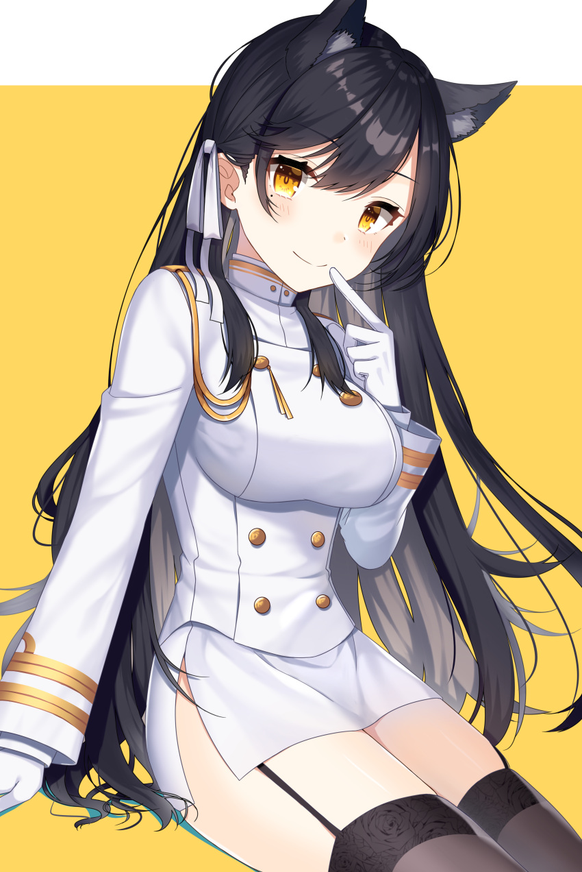 1girl absurdres animal_ears atago_(azur_lane) azur_lane bangs black_hair black_legwear blush breasts closed_mouth dog_ears eyebrows_visible_through_hair garter_straps gloves hand_up highres izumo_neru large_breasts legs_together long_hair looking_at_viewer military military_uniform miniskirt mole mole_under_eye side_slit sidelocks simple_background sitting skirt smile solo swept_bangs thigh-highs uniform white_gloves white_skirt yellow_background yellow_eyes