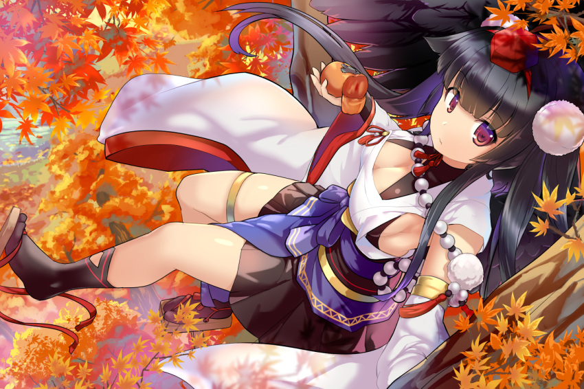 1girl autumn_leaves black_legwear black_skirt black_wings breasts brown_eyes cleavage detached_sleeves hair_ornament leaf long_hair looking_at_viewer maple_leaf medium_breasts murano_(ursa_polaris) sandals sennen_sensou_aigis skirt solo thigh_strap wings