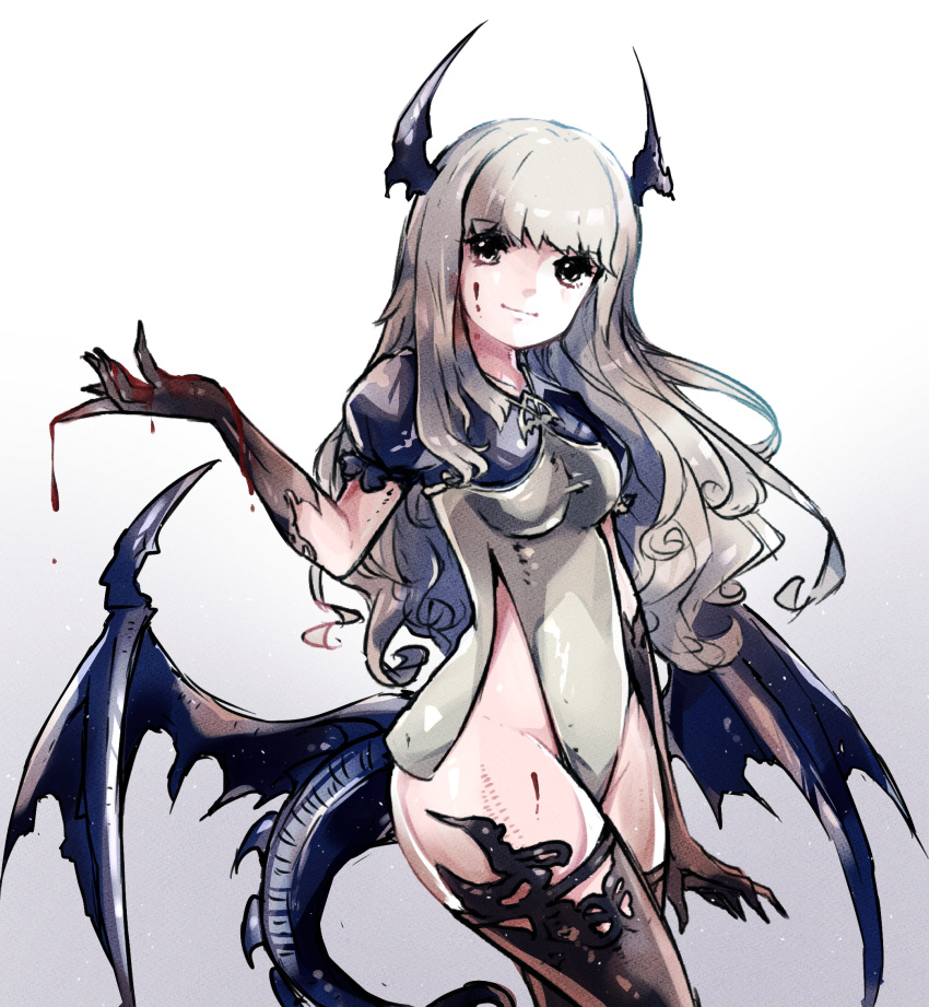 1girl bangs black_gloves black_legwear blood blue_wings breasts character_request closed_mouth collarbone commentary_request dragon_girl dragon_horns dragon_tail elbow_gloves eyebrows_visible_through_hair gloves gradient gradient_background grey_background grey_eyes grey_hair grey_leotard groin head_tilt highleg highleg_leotard highres horns leotard light_smile long_hair low_wings medium_breasts pikomarie puffy_short_sleeves puffy_sleeves shadowverse shingeki_no_bahamut short_sleeves solo tail thigh-highs torn_wings very_long_hair white_background wings