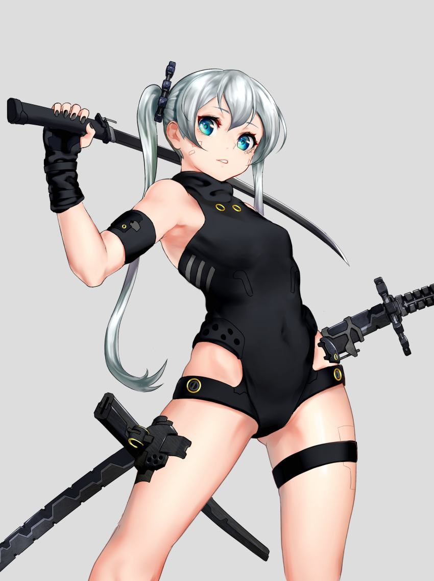 1girl absurdres armpits asagon007 breasts cyborg fingerless_gloves gloves grey_hair highres holding holding_sword holding_weapon katana original parted_lips sheath small_breasts sword tagme twintails weapon