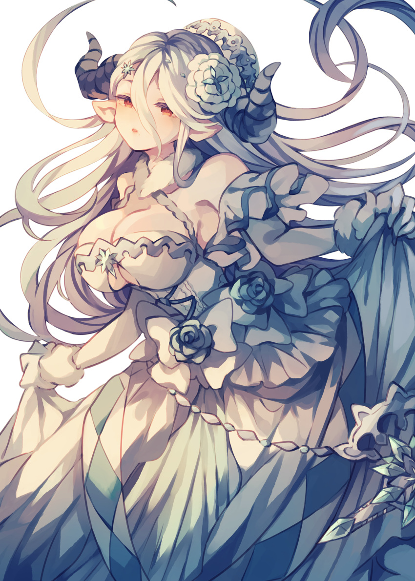 1girl bare_shoulders blush breasts cleavage collarbone commentary_request doraf flower gloves granblue_fantasy hair_between_eyes hair_flower hair_ornament highres holding_skirt horns izmir large_breasts long_hair looking_at_viewer mole mole_under_mouth pointy_ears red_eyes solo white_gloves wiriam07