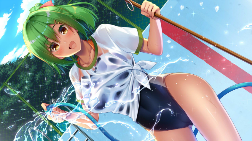 1girl breasts brown_eyes dutch_angle green_hair hair_ornament hairclip hatachi hose large_breasts looking_at_viewer one-piece_swimsuit open_mouth original pool see-through shirt short_hair smile solo swimsuit swimsuit_under_clothes wet wet_clothes wet_shirt