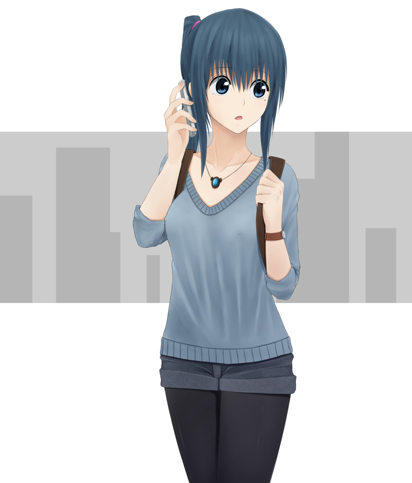 1girl :o backpack bag bangs black_legwear blue_eyes blue_hair blue_sweater blush collarbone cowboy_shot denim denim_shorts eyebrows_visible_through_hair highres holding holding_phone jewelry long_hair looking_away looking_to_the_side love_(pspdspsp) mole mole_under_eye necklace open_mouth original pantyhose pantyhose_under_shorts pendant phone ponytail shorts sidelocks sleeves_past_elbows solo standing sweater tareme upper_body watch watch
