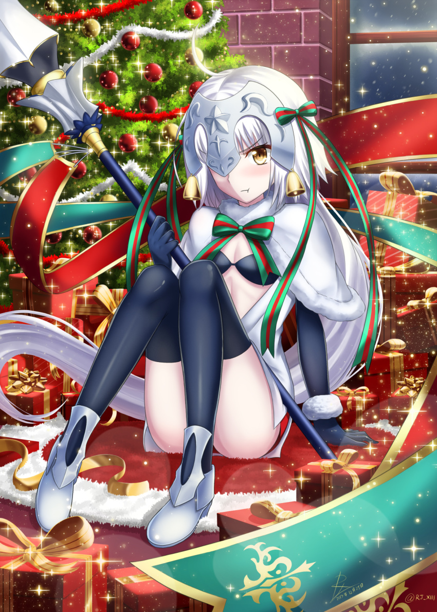 1girl 2017 :t ahoge arm_support black_bra black_gloves black_legwear blush box bra breasts brown_eyes capelet christmas_tree cleavage dated elbow_gloves fate/grand_order fate_(series) floating_hair fur_trim gift gift_box gloves highres holding holding_weapon indoors jeanne_d'arc_(fate)_(all) jeanne_d'arc_alter_santa_lily long_hair looking_at_viewer polearm ponytail rj_xiii signature silver_hair sitting small_breasts solo sparkle spear thigh-highs underwear very_long_hair weapon window wrist_cuffs