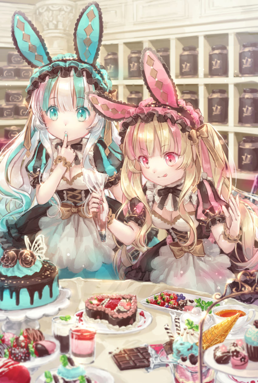 2girls :o :p animal_ears aqua_eyes aqua_hair aqua_nails bangs black_dress blonde_hair blueberry cake chocolate closed_mouth commentary dress eyebrows_visible_through_hair finger_to_mouth fingernails food fruit hair_between_eyes hairband heart highres indoors lolita_fashion lolita_hairband long_hair multicolored_hair multiple_girls nail_polish original parfait parted_lips pastry pastry_bag pink_eyes pink_hair pink_nails puffy_short_sleeves puffy_sleeves rabbit_ears short_sleeves silver_hair strawberry streaked_hair striped tongue tongue_out valentine very_long_hair wrist_cuffs yumeichigo_alice