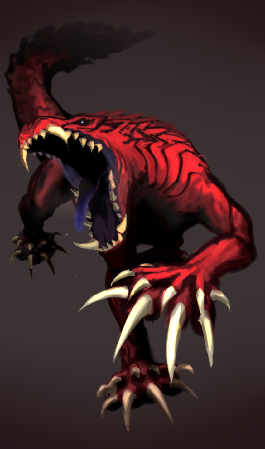 absurdres akapii_(jun_0512) blue_eyes claws full_body grey_background highres monster monster_hunter monster_hunter:_world no_humans odogaron open_mouth sharp_teeth simple_background solo teeth tongue