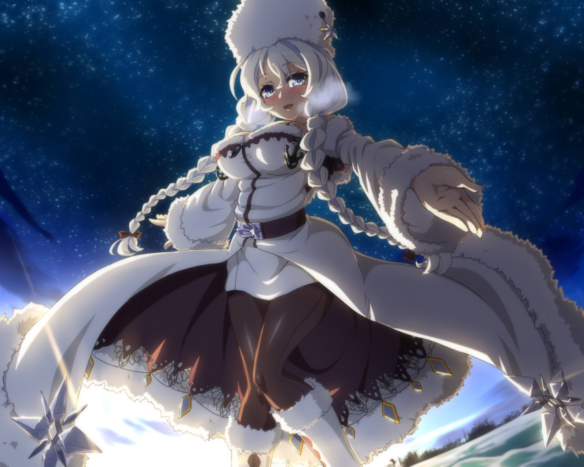 1girl :d anchor aurora_(azur_lane) azur_lane bangs bare_shoulders bare_tree belt black_belt black_bow black_legwear blue_eyes blush boots bow braid breasts breath detached_sleeves diamond_(shape) dress eyebrows eyebrows_visible_through_hair eyelashes facing_away fur_hat fur_trim hair_between_eyes hair_bow hat knees_together_feet_apart large_breasts long_hair long_sleeves looking_away looking_to_the_side minazuki_penguin miniskirt open_mouth outdoors outstretched_arms overskirt palms pantyhose pencil_skirt skirt sky smile snowflakes solo standing star star_(sky) starry_sky strapless strapless_dress tree twin_braids ushanka water white_footwear white_hair white_hat white_skirt wide_sleeves
