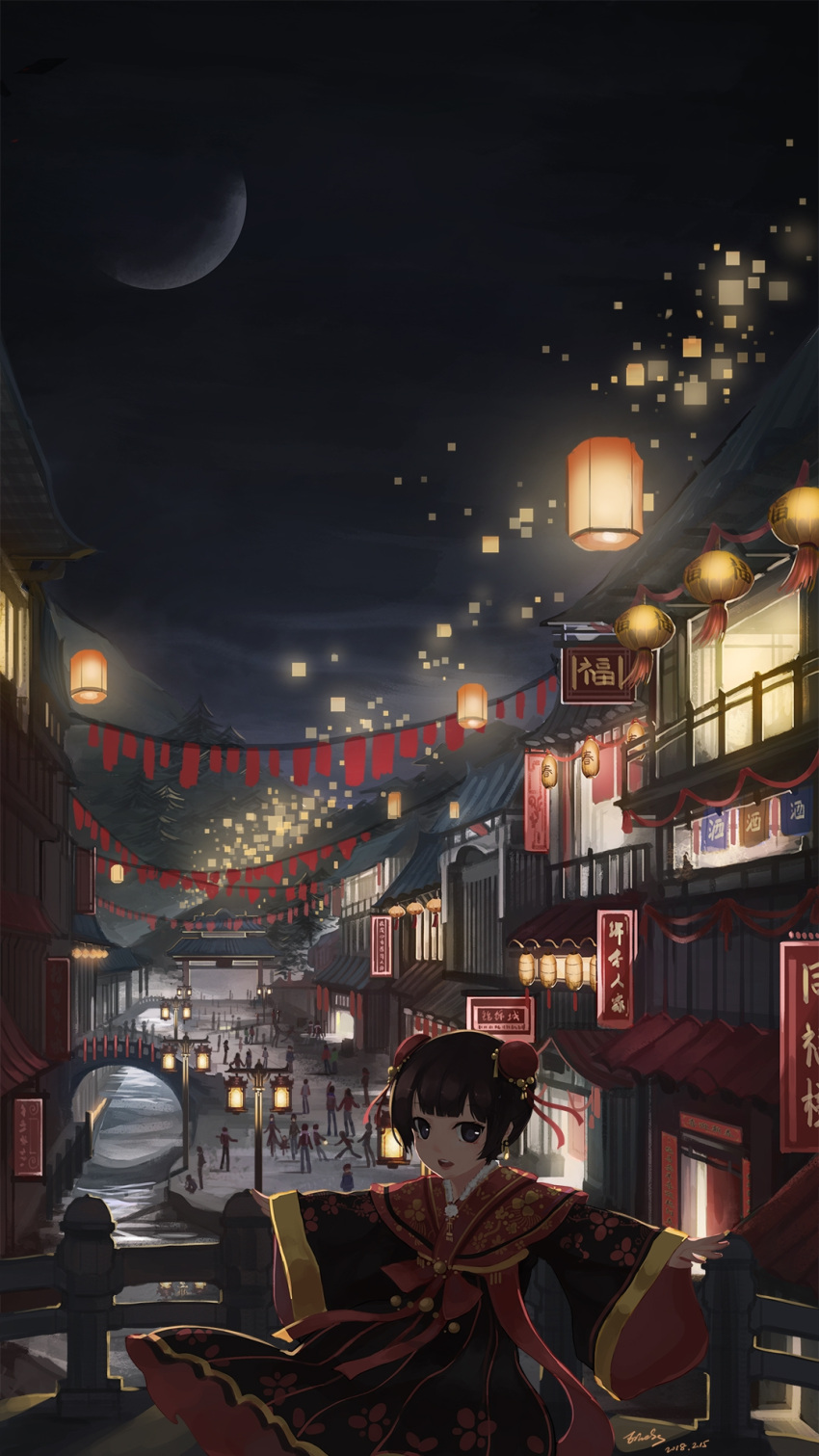 1girl architecture artist_name bangs black_eyes black_hair bridge bun_cover chinese_clothes chinese_new_year crowd dated double_bun east_asian_architecture einess highres lantern looking_at_viewer moon night original outdoors outstretched_arms paper_lantern river short_hair smile solo_focus wide_sleeves