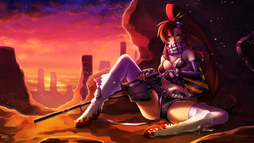 1girl boots eudetenis gun highres looking_at_viewer open_fly ponytail redhead rifle scarf sitting skindentation solo spread_legs sunset tengen_toppa_gurren_lagann thigh-highs weapon yoko_littner