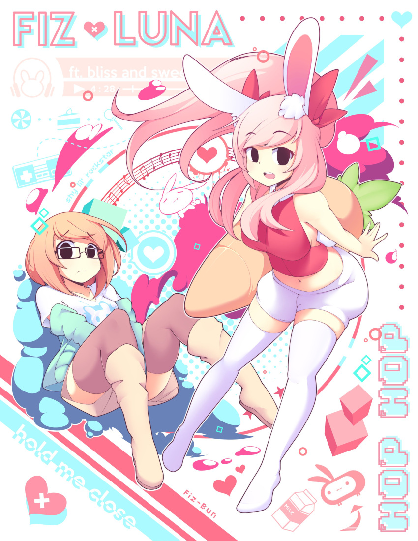 absurdres animal_ears black_eyes black_legwear bunny_tail carrot fiz_(fizintine) fizinite fizintine glasses green_sweater highres long_hair luna_(fizintine) navel open_mouth orange_hair original pillow pink_hair rabbit_ears side_part sitting skirt tail white_legwear