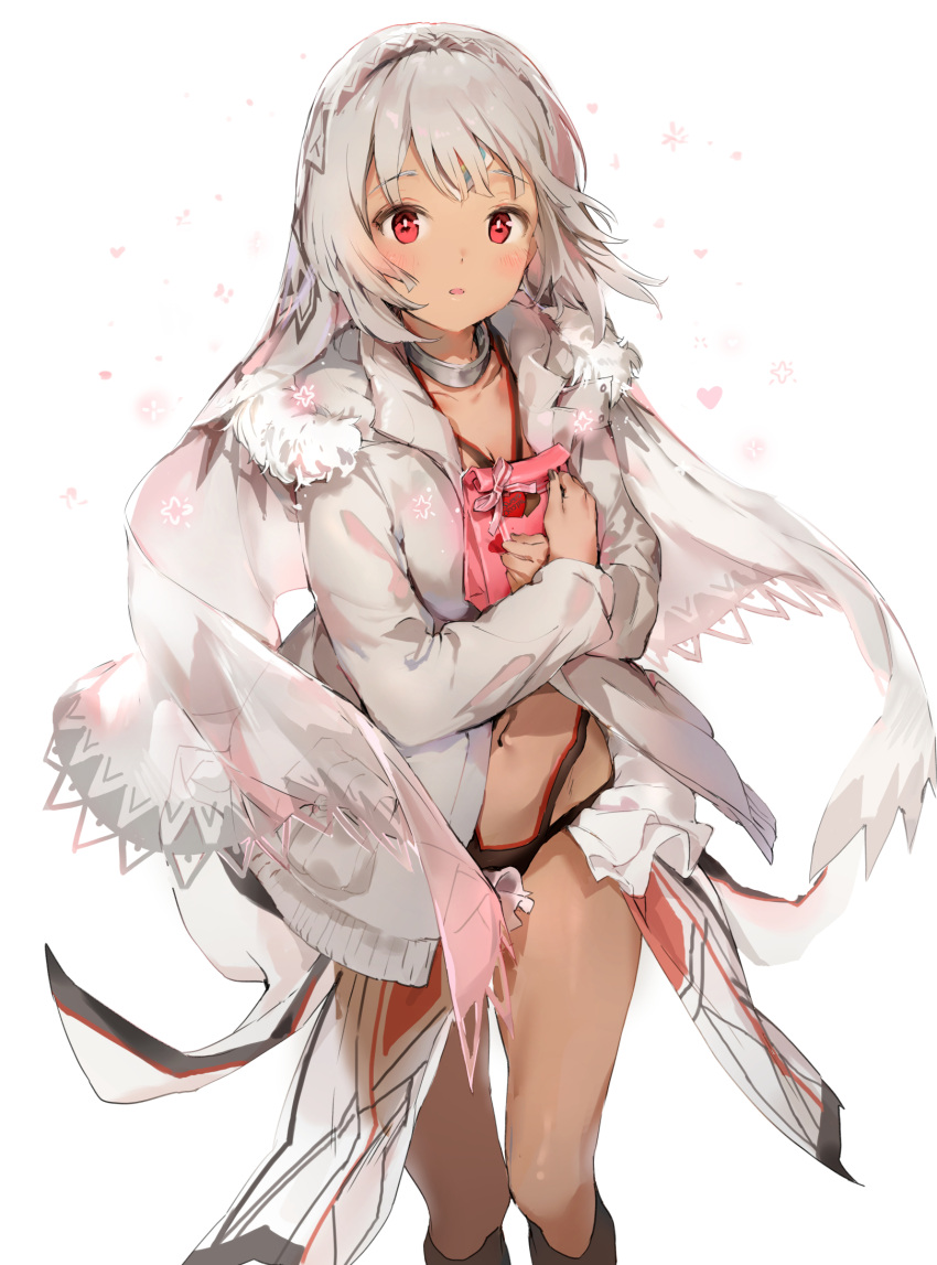 1girl altera_(fate) anmi bangs blush commentary_request dark_skin fate/extella fate/extra fate_(series) gift grey_hair hairband highres holding holding_gift looking_at_viewer navel parted_lips red_eyes shawl sidelocks simple_background solo standing thighs valentine white_background