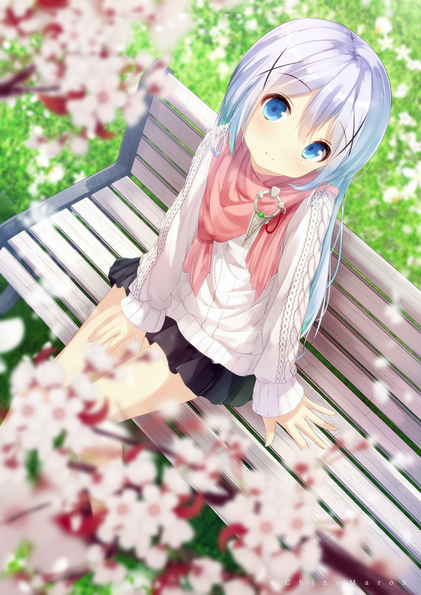 1girl aran_sweater bangs bench black_skirt blue_eyes blurry blurry_foreground blush cherry_blossoms chinomaron closed_mouth commentary_request day depth_of_field dutch_angle eyebrows_visible_through_hair gochuumon_wa_usagi_desu_ka? hair_between_eyes hair_ornament head_tilt highres kafuu_chino long_hair long_sleeves looking_at_viewer on_bench outdoors park_bench pleated_skirt red_scarf scarf silver_hair sitting skirt smile solo spring_(season) sweater twitter_username very_long_hair white_sweater x_hair_ornament
