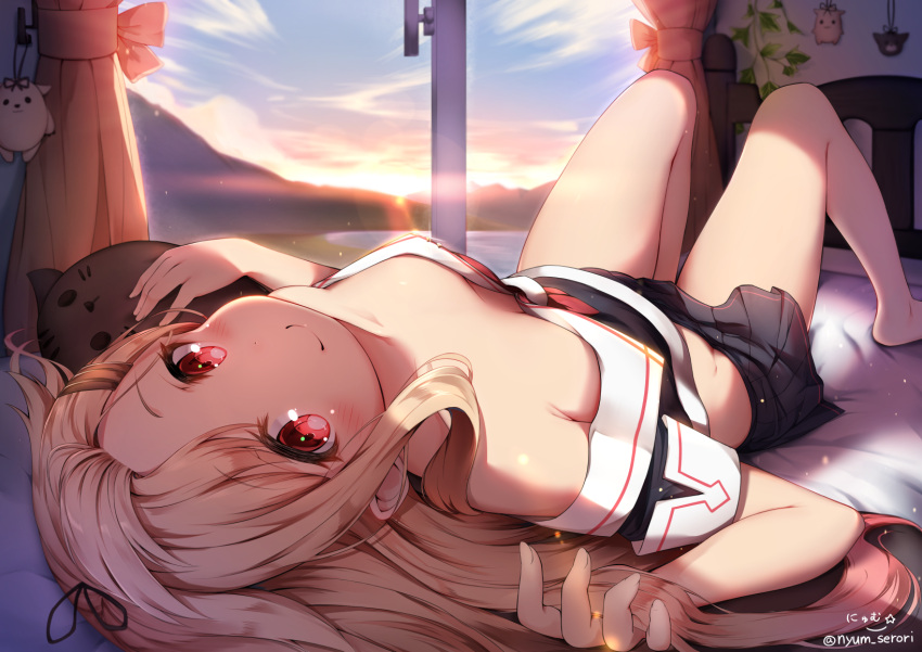 1girl alternate_hairstyle artist_name bare_legs bare_shoulders barefoot bed bed_sheet black_ribbon black_serafuku black_skirt blonde_hair blush breasts breasts_apart closed_mouth clouds crop_top curtains downblouse hair_ribbon hair_slicked_back highres ivy kantai_collection knees_up lens_flare light_rays long_hair lying midriff morning nyum off_shoulder on_bed plant pleated_skirt red_eyes remodel_(kantai_collection) ribbon school_uniform serafuku short_sleeves signature skirt sleeve_cuffs small_breasts smile solo stuffed_animal stuffed_cat stuffed_toy sunlight sunrise tareme the_yuudachi-like_creature twitter_username yuudachi_(kantai_collection)