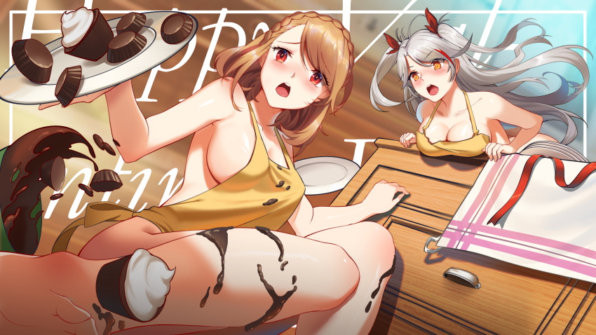 2girls absurdres apron azur_lane barefoot blonde_hair blush braid breasts chocolate cleavage grey_hair highres long_hair maomaozi multiple_girls naked_apron open_mouth plate prince_of_wales_(azur_lane) prinz_eugen_(azur_lane) red_eyes sideboob teeth