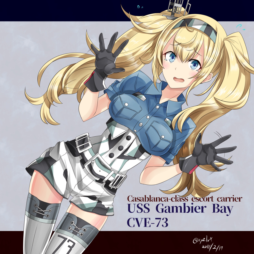 1girl belt belt_buckle black_gloves blonde_hair blue_eyes blush breast_pocket breasts buckle buttons character_name dated gambier_bay_(kantai_collection) gloves hair_between_eyes hebitsukai-san highres kantai_collection long_hair looking_at_viewer medium_breasts open_mouth pocket solo tears thigh-highs twintails twitter_username