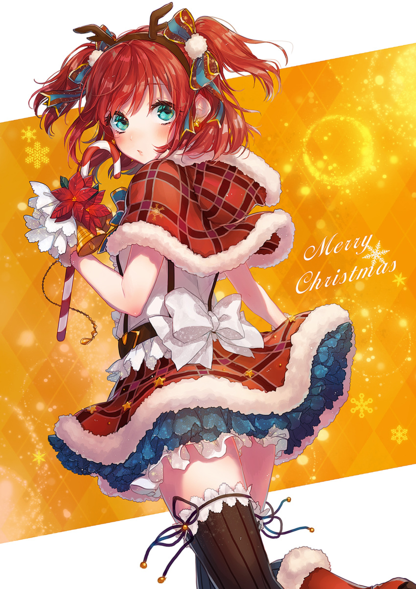 1girl aqua_eyes blush boots bow brown_hairband brown_legwear capelet dutch_angle fake_antlers floating_hair fur_trim highres holding kurosawa_ruby layered_skirt looking_at_viewer looking_back love_live! love_live!_sunshine!! merry_christmas miniskirt parted_lips red_footwear redhead santa_boots shirt skirt solo standing striped striped_legwear sudach_koppe twintails vertical-striped_legwear vertical_stripes white_bow white_shirt