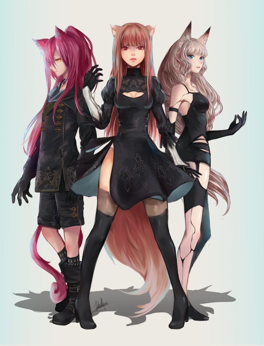 3girls absurdres animal_ears black_dress black_gloves black_jacket black_shorts blazblue blue_eyes boots cat_ears cat_tail cosplay cutout ddrake13 dress feather-trimmed_sleeves fox_ears gloves high_heel_boots high_heels highres holo jacket kokonoe leotard long_hair multiple_girls nier_(series) nier_automata no_blindfold oboro_muramasa pink_hair red_eyes robot_joints shorts silver_hair socks spice_and_wolf tagme tail very_long_hair wavy_hair white_leotard wolf_ears wolf_tail yorha_no._2_type_b yorha_no._2_type_b_(cosplay) yorha_no._9_type_s yorha_no._9_type_s_(cosplay) yorha_type_a_no._2 yorha_type_a_no._2_(cosplay) yuzuruha