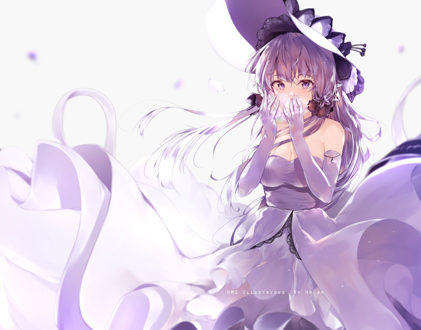1girl azur_lane bangs blush breasts collarbone dress elbow_gloves eyebrows_visible_through_hair floating_hair gloves hair_between_eyes hat highres hplay illustrious_(azur_lane) long_hair looking_at_viewer low_twintails purple_hair signature silver_hair simple_background solo standing twintails violet_eyes white_background white_dress wind