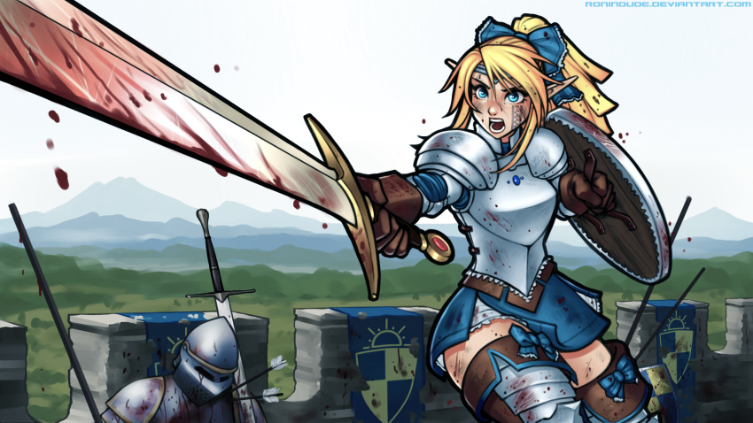 1girl armor blonde_hair blood blood_splatter bloody_weapon blue_eyes boots bow breastplate brown_gloves circlet elf fantasy foreshortening gloves hair_bow highres open_mouth original pauldrons pointy_ears ponytail ronindude shield solo sword thigh-highs thigh_boots weapon