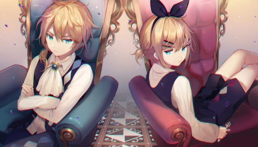 1boy 1girl :t androgynous black_footwear black_hairband black_pants black_ribbon blonde_hair blue_eyes crossdressinging crossed_arms hair_between_eyes hair_ribbon hairband highres holding kagamine_len kagamine_rin looking_back okochama_sensou_(vocaloid) pants ponytail qingshui_ai ribbon shirt short_hair sitting tuxedo white_neckwear white_shirt